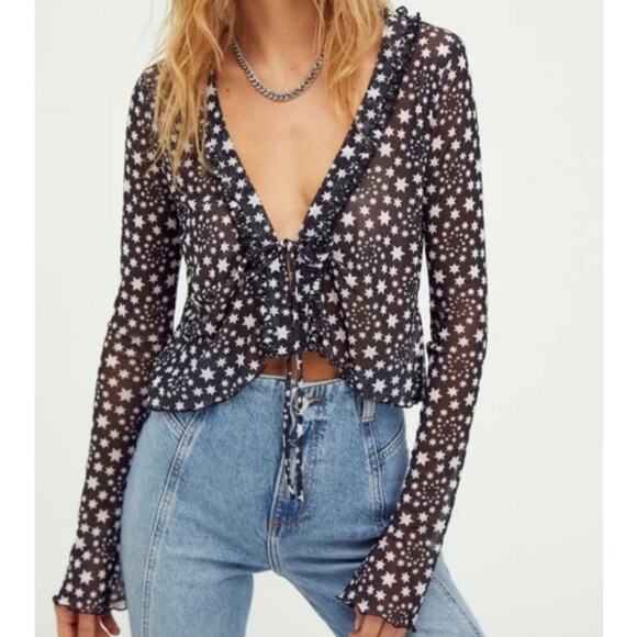 Free People Marne Tie Front Ruffle Long Sleeve Mesh Blouse in Star Print Medium - Picture 1 of 6